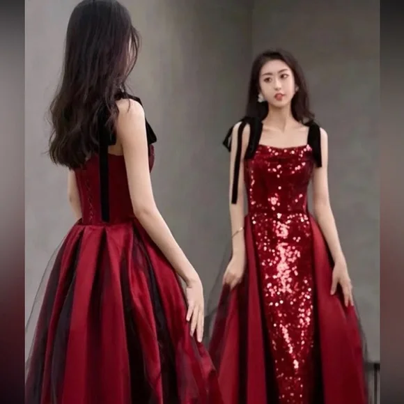 Elegant Wine / Burgundy Sequin Evening / Prom Dress with Satin Train